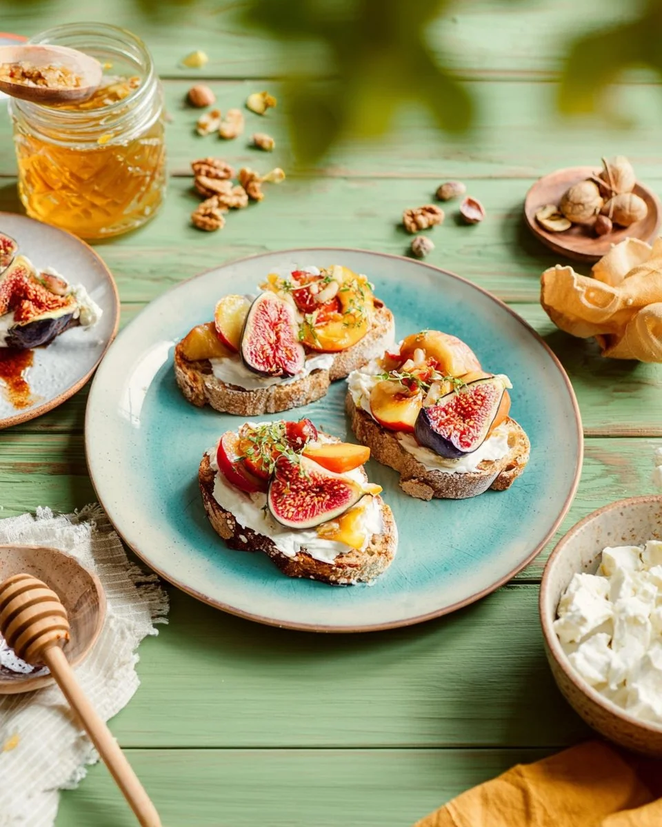 Tartine pain complet, figues, ricotta, miel et thym