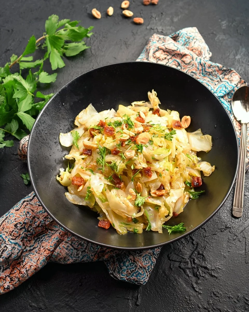 Wok de chou chinois sauté aux noisettes et sésame, plat coloré et appétissant.