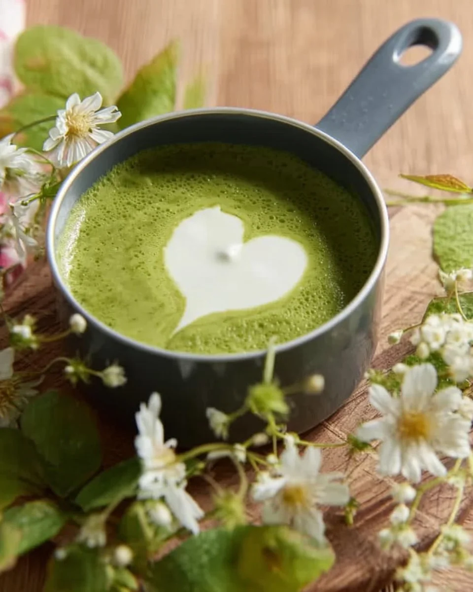 Soupe de courgette à l'ail sauvage, servie dans un bol blanc.