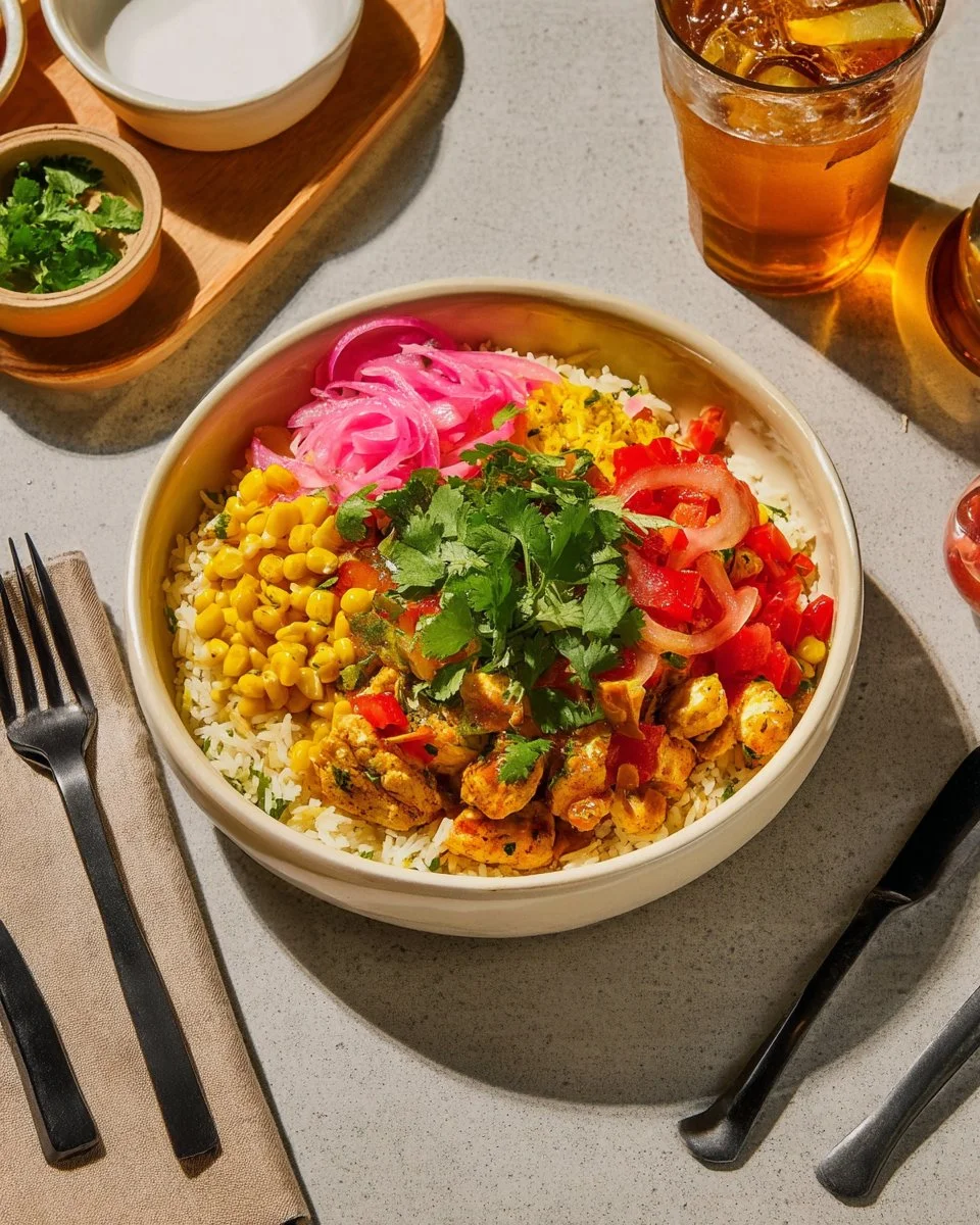 Bol de Burrito au Poulet de Cowgirl garni de légumes frais et de sauces.