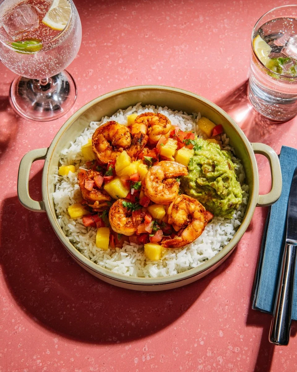 Bol d'énergie crevettes, mangue et pico de gallo