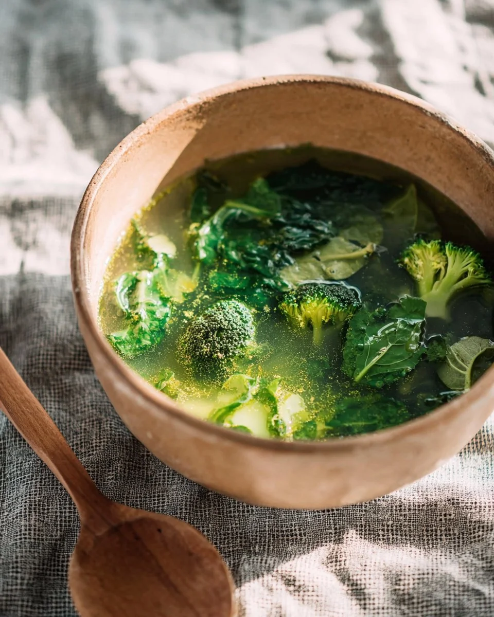 Bouillon de volaille maison au brocoli et cresson, idéal pour un repas sain.