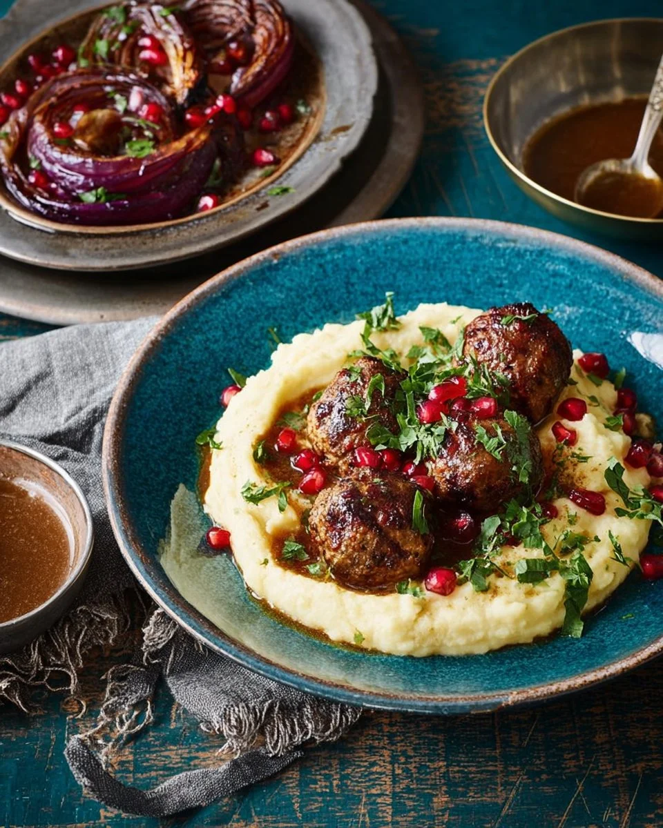Boulettes d'agneau à la mélasse de grenade, oignons rôtis et purée de haricots au tahini