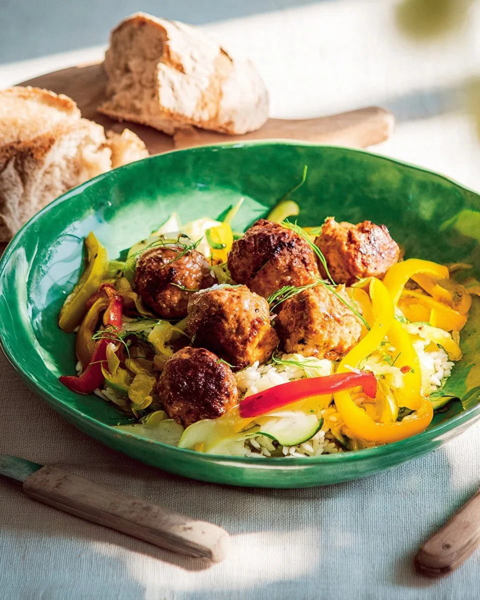 Boulettes de veau au piment d'Espelette avec poivrons verts et romarin