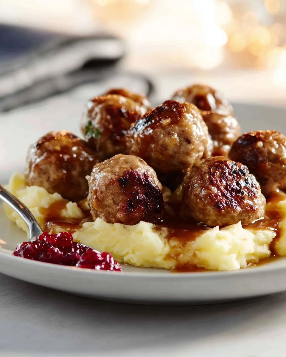Boulettes de viande suédoises servies avec une sauce crémeuse et des pommes de terre.