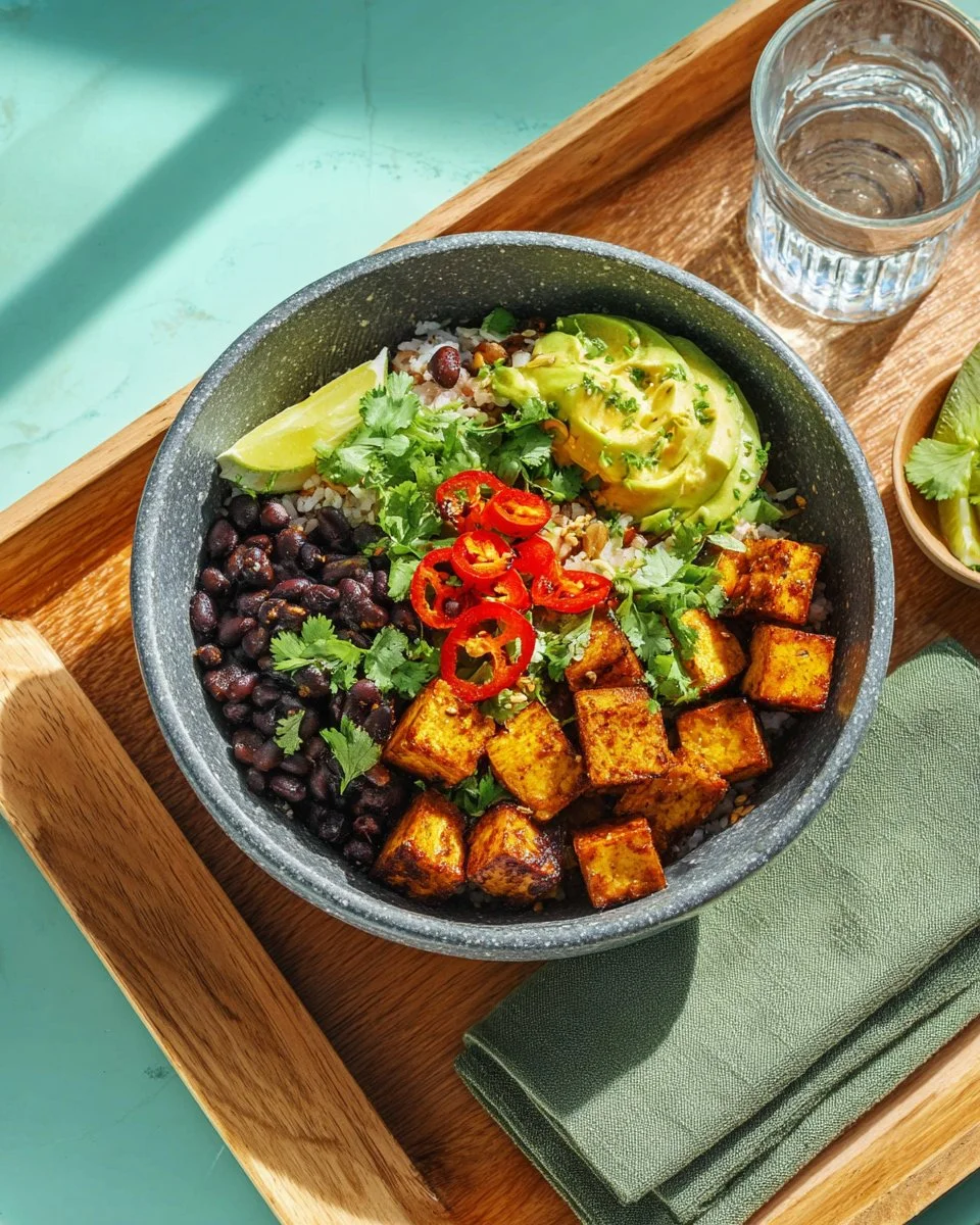Bowl de burrito végétarien avec tofu et avocat, plat sain et savoureux