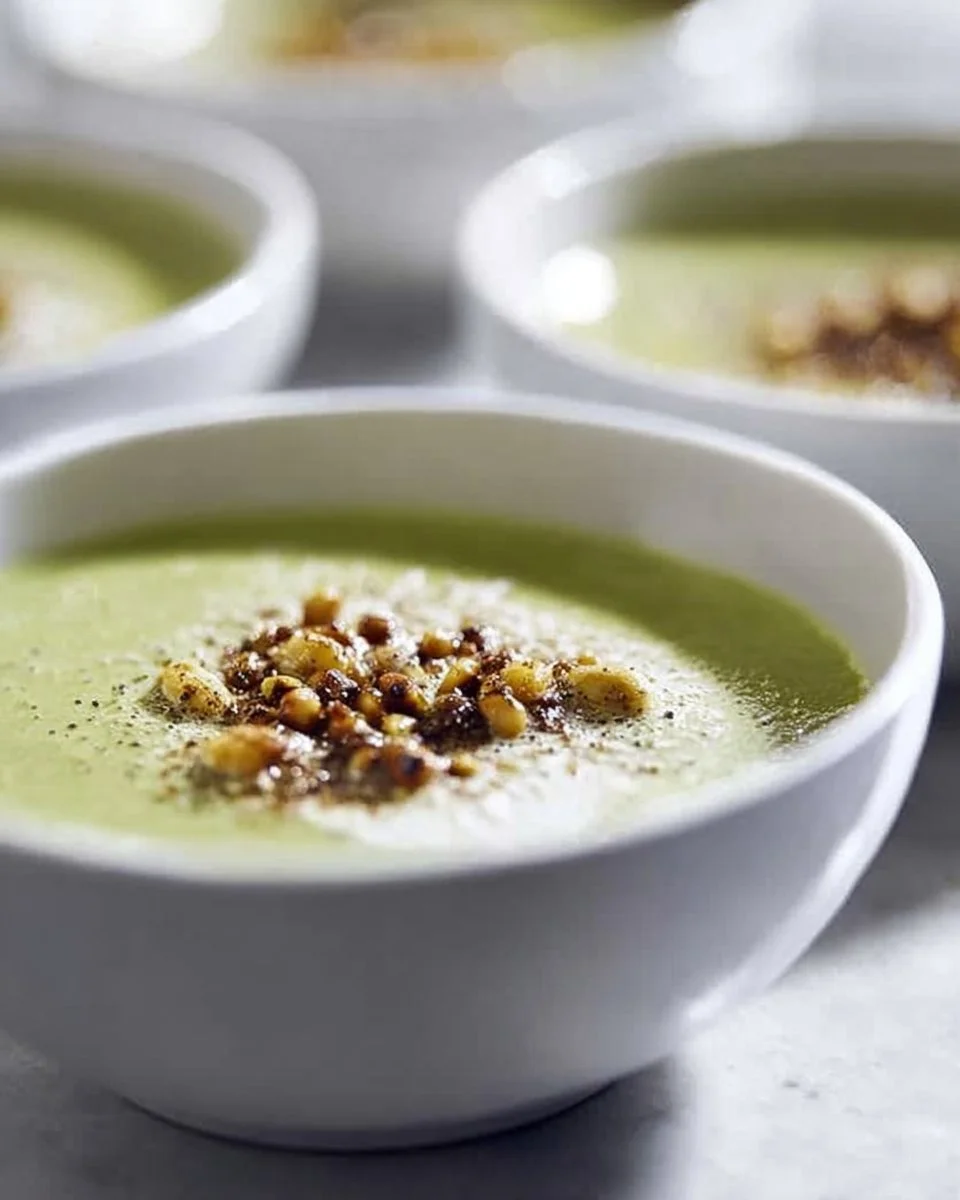 Soupe de brocoli crémeuse au lait de coco avec pois chiches frits dorés