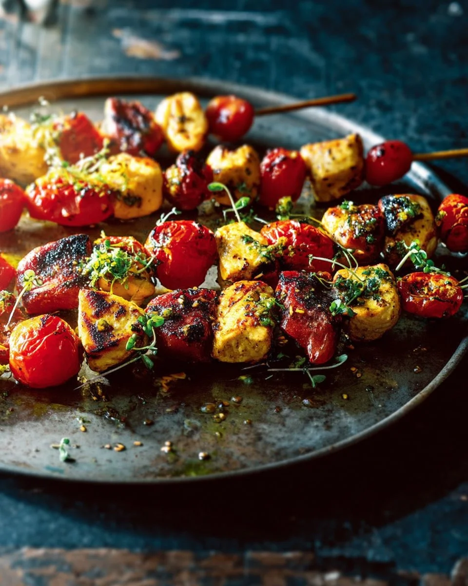 Brochettes de poulet, chorizo et tomates cerise
