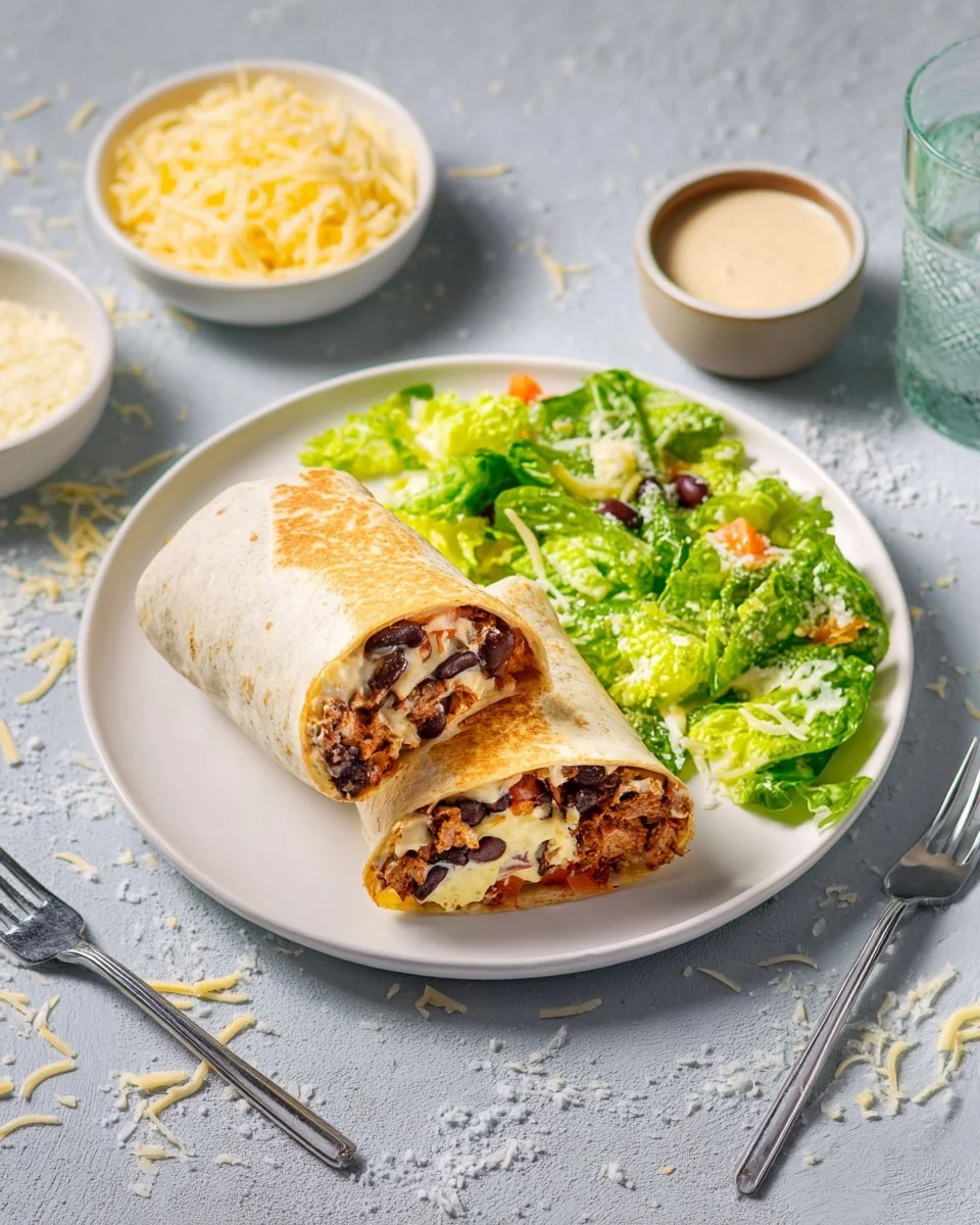 Burrito de porc mariné avec haricots noirs et fromage cheddar