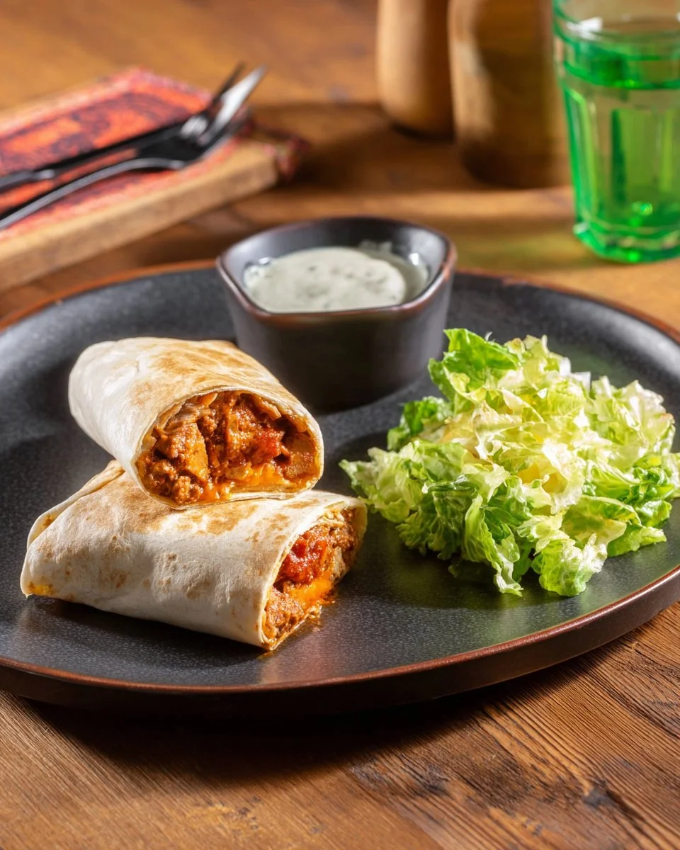 Chimichangas garnies de chorizo et de poulet, servies avec crème de coriandre.