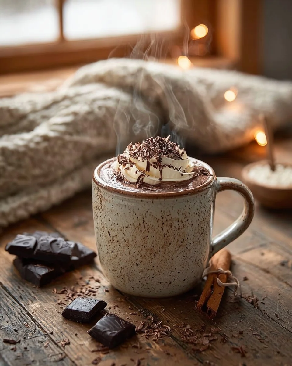 Bol de chocolat chaud traditionnel avec de la crème fouettée et des marshmallows