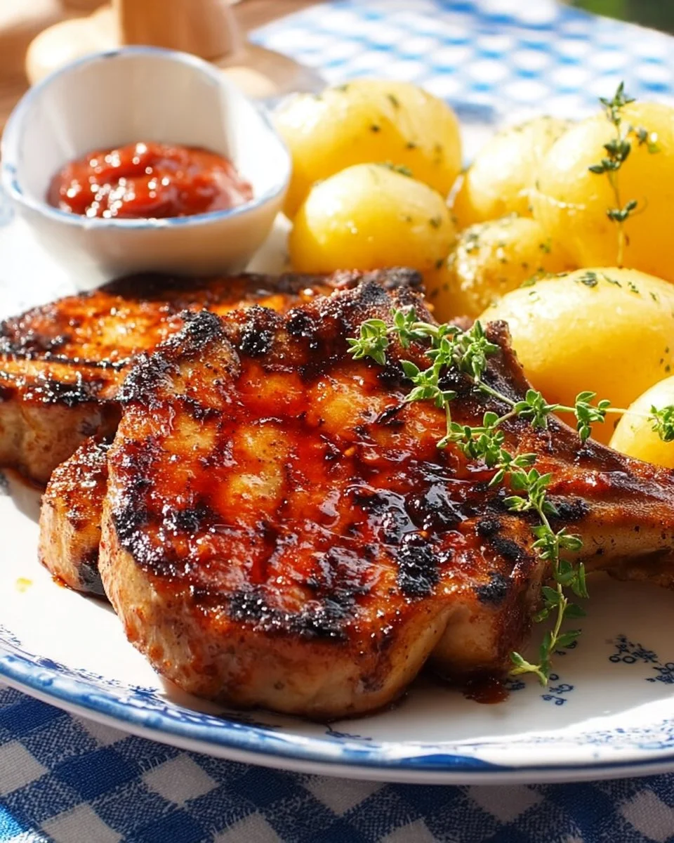 Côtelettes de porc teriyaki grillées servies avec une sauce sucrée et une garniture de légumes.