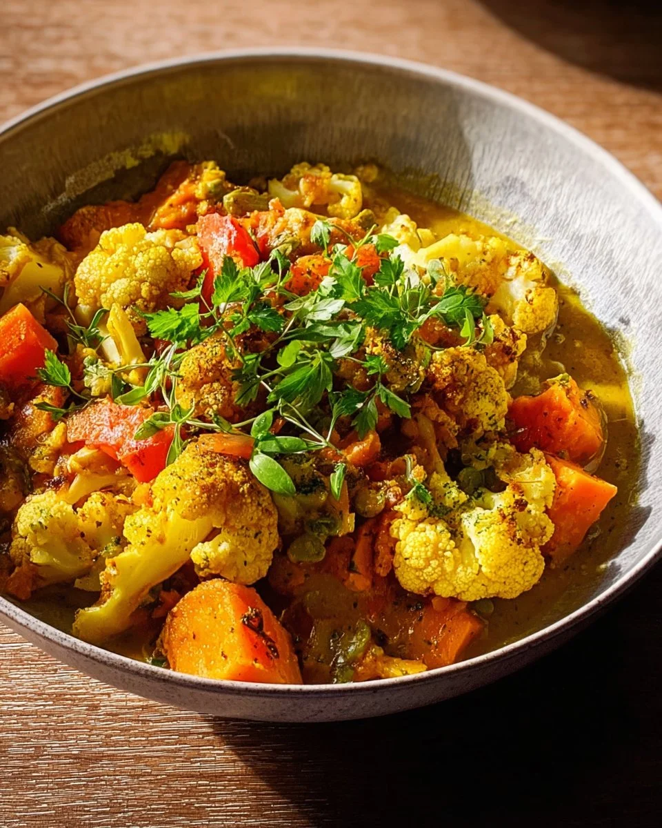 Curry de chou-fleur, courge, coco et lentilles servi dans un bol.