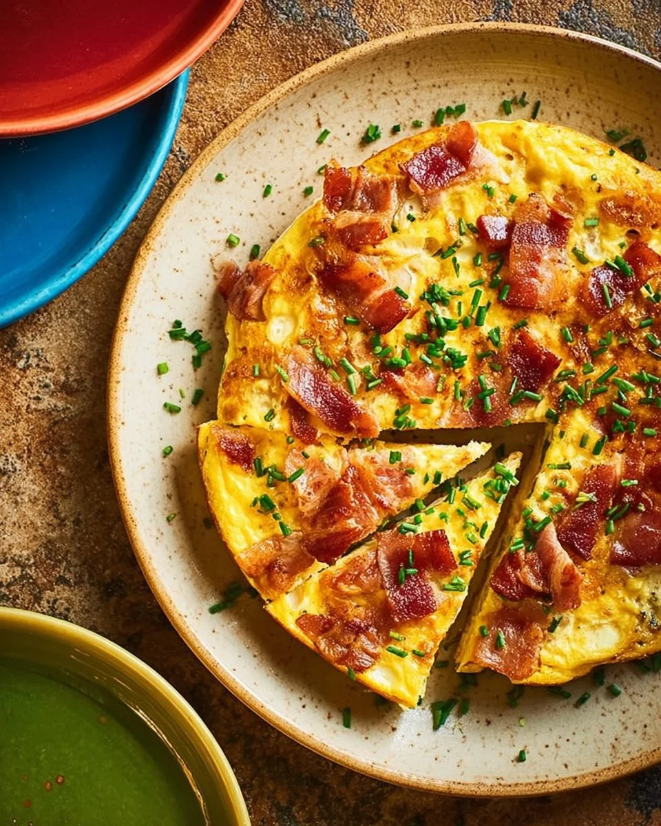 Frittata gourmande au bacon et comté cuite à l'airfryer avec garnitures savoureuses.