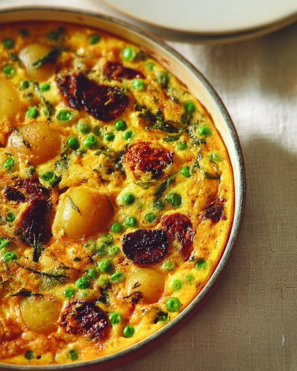 Frittata au chorizo et pommes de terre, plat savoureux et coloré.