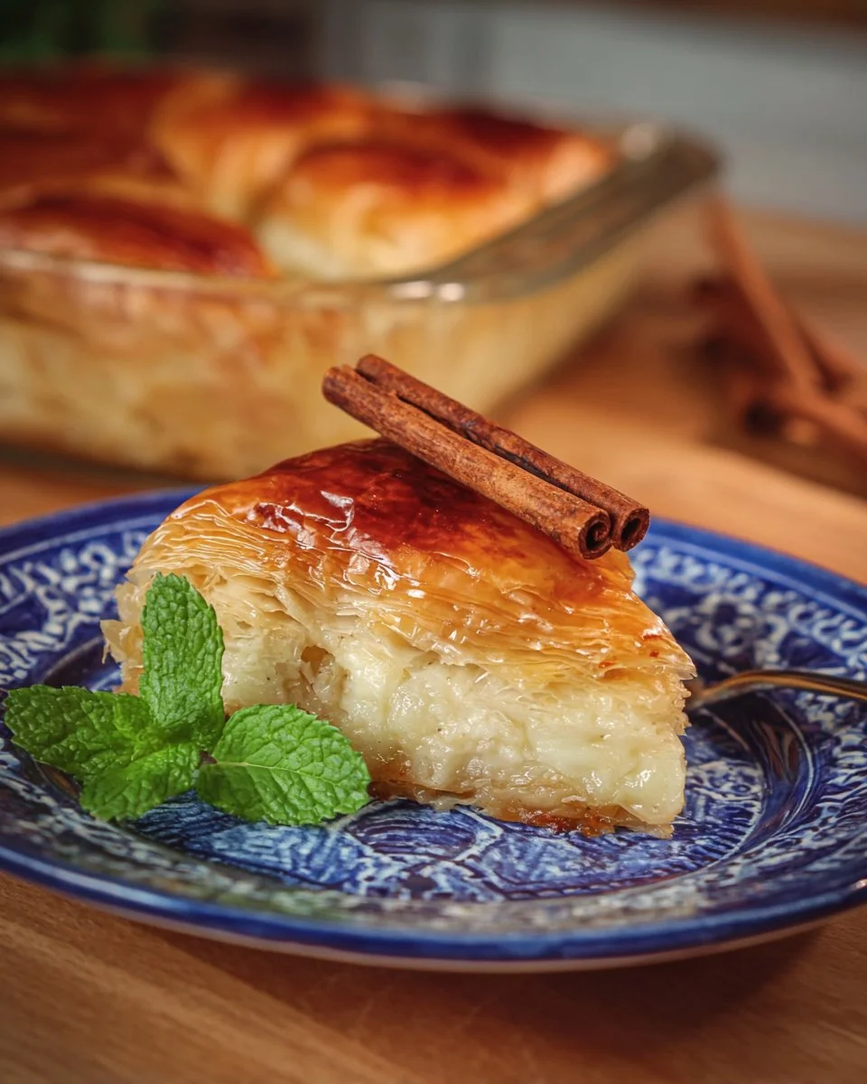 Plat de galaktoboureko traditionnel avec une garniture de semoule et un sirop sucré