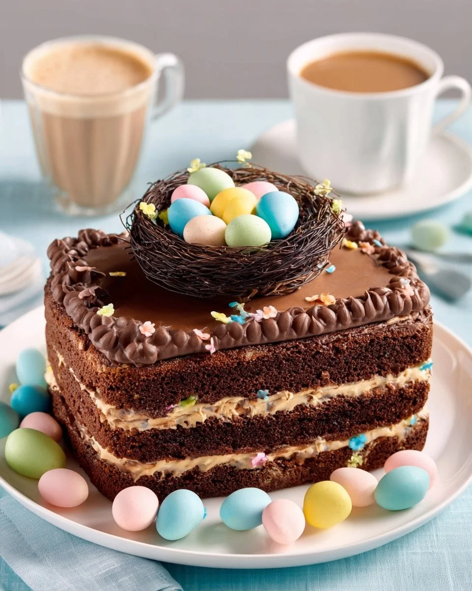 Gâteau au chocolat et Mini Eggs à deux niveaux, décoré et savoureux