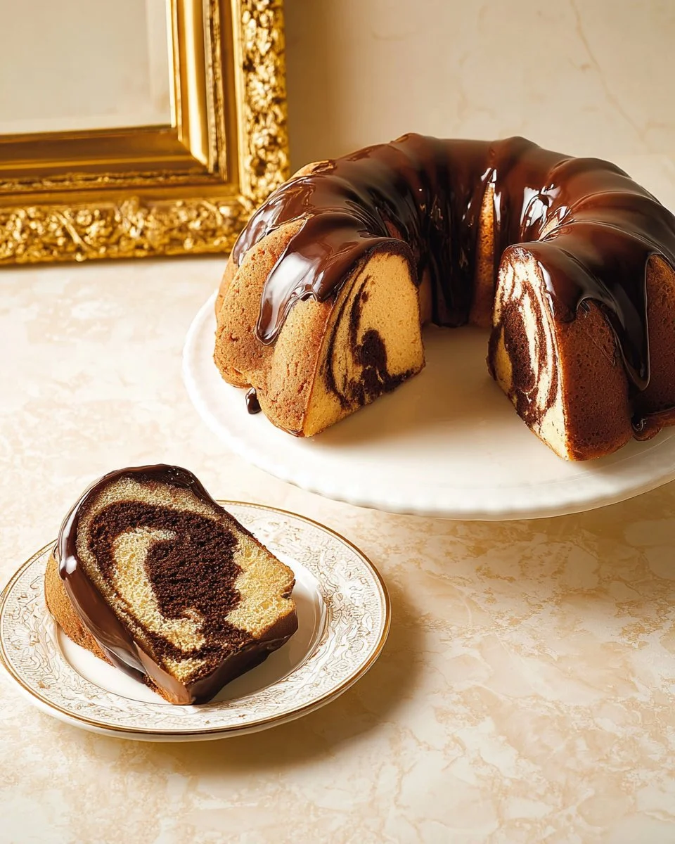 Gâteau Bundt Marbré au Chocolat sur une assiette garnie de fruits