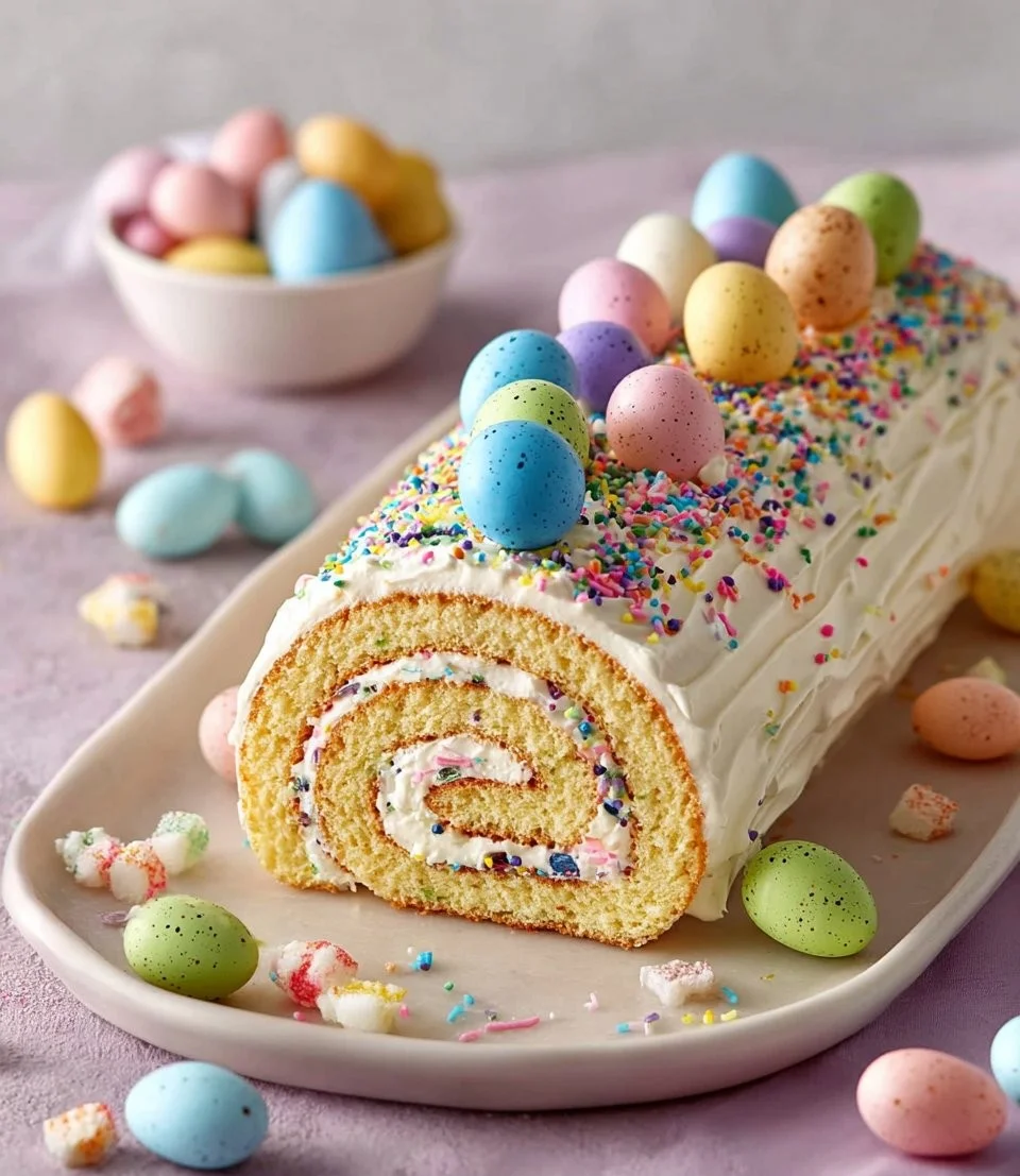 Gâteau roulé de Pâques décoré avec des œufs en chocolat et des fleurs comestibles.