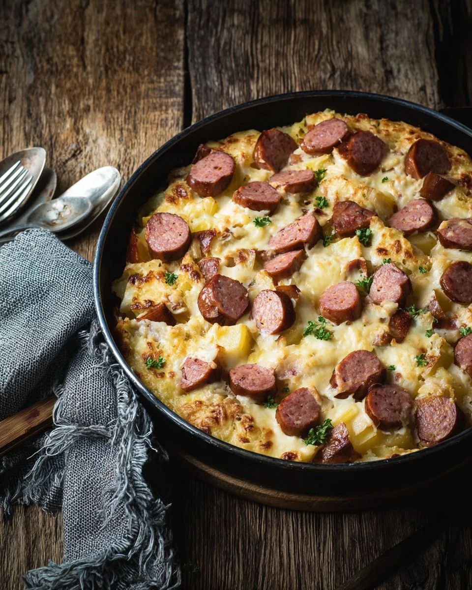 Gratin de crozets aux poireaux et saucisse de Morteau, un plat savoureux.