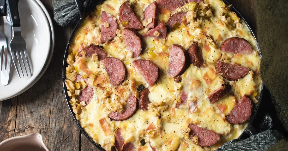 Gratin de crozets aux poireaux et à la saucisse de Morteau