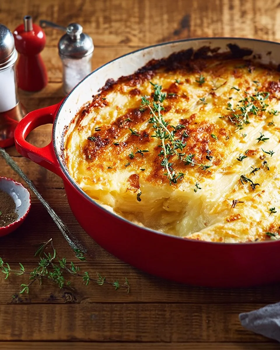 Gratin de pommes de terre, panais et raifort sortant du four, plat réconfortant