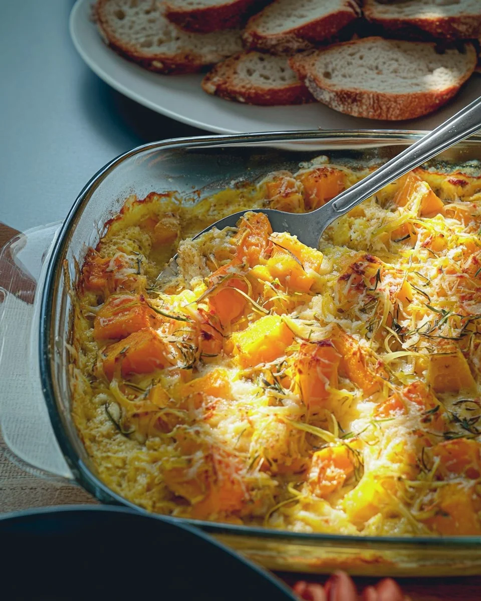 Gratin de potimarron au blé, plat savoureux et crémeux, garniture chaude.