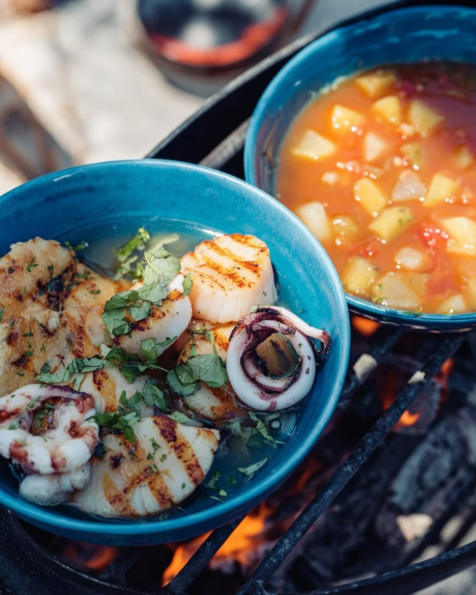Calamars grillés accompagnés d'une sauce tomate-pêche au goût raffiné.