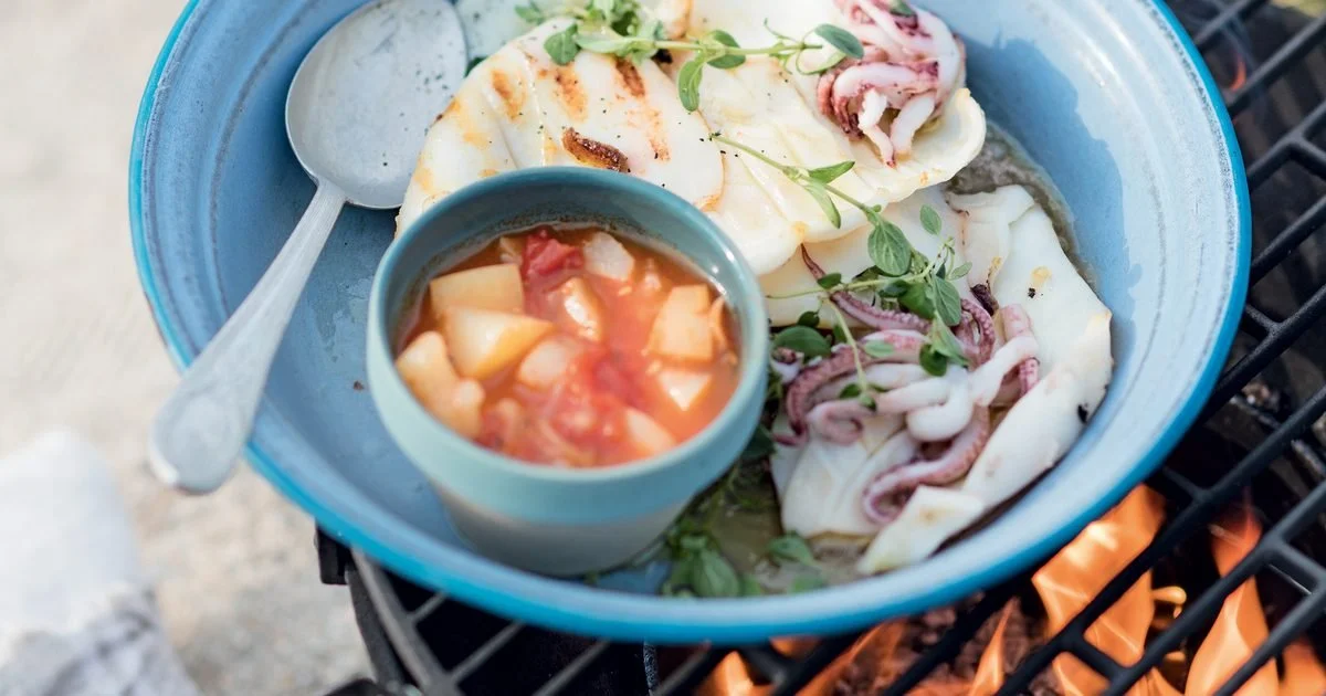 Grilled squid with tomato-peach sauce