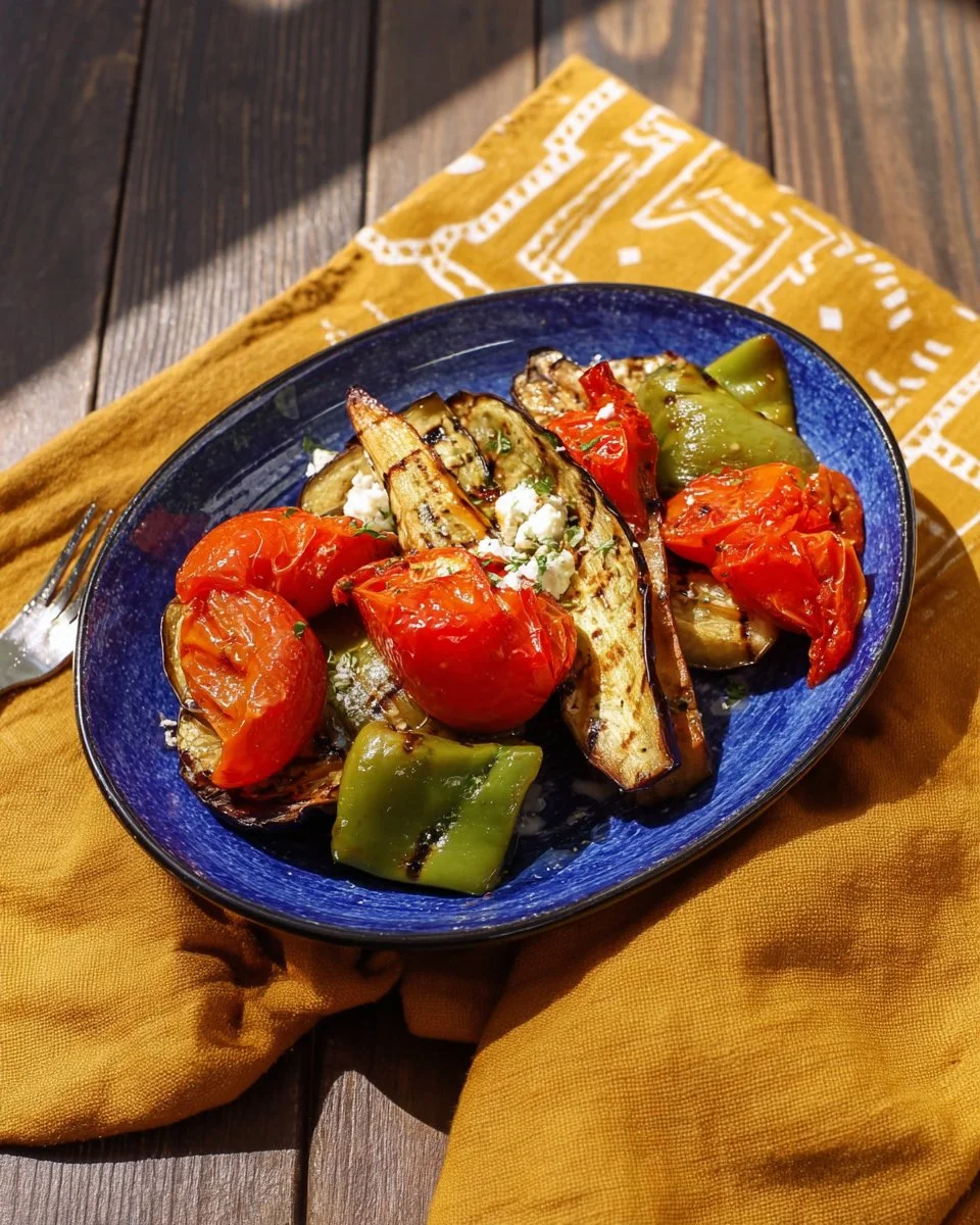 Végétaux grillés de style grec, assaisonnés et colorés sur un plateau.