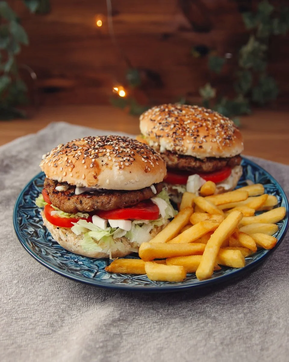 Hamburger à la grecque avec ingrédients frais et savoureux.