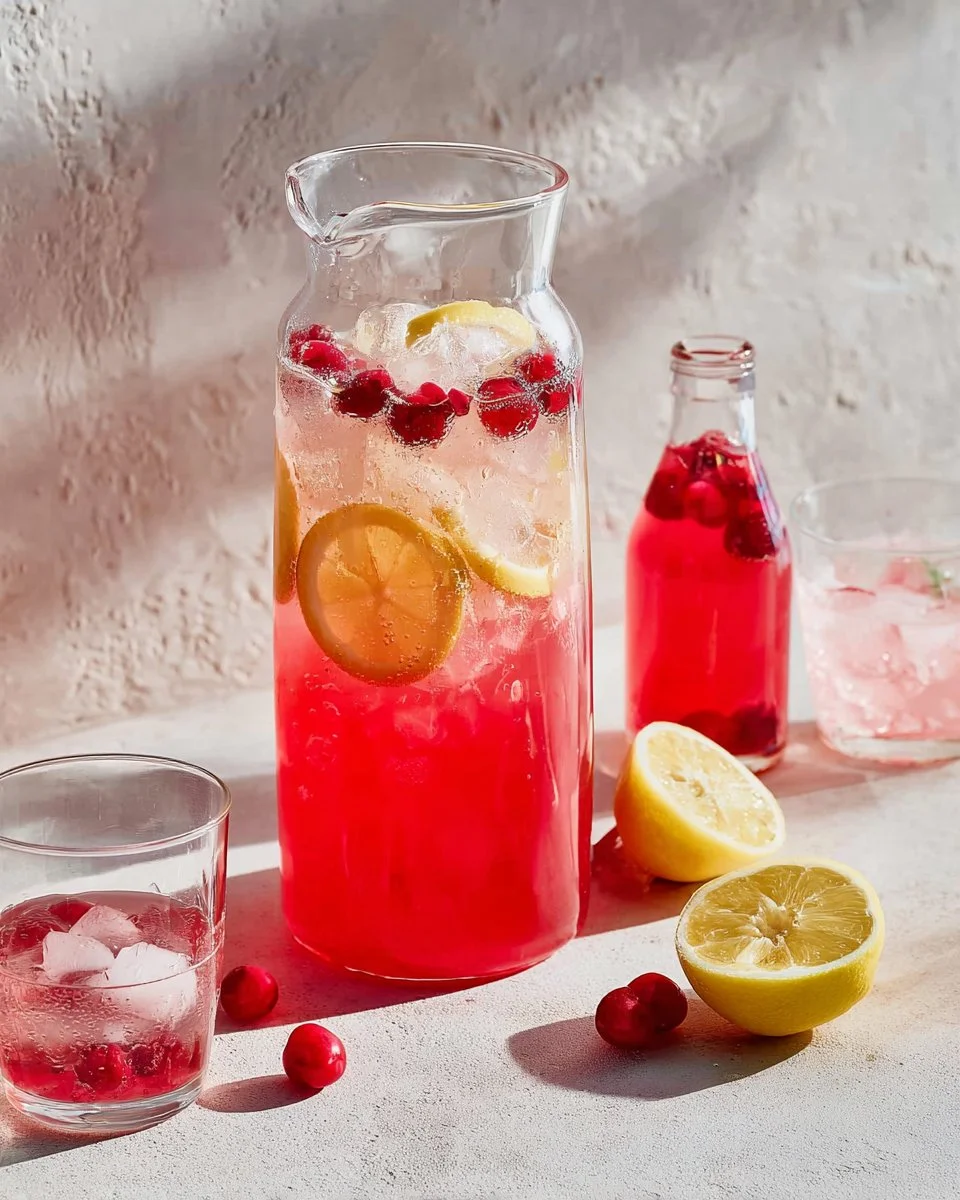 Verre de limonade cerise aux noyaux de cerise rose sur une table ensoleillée.