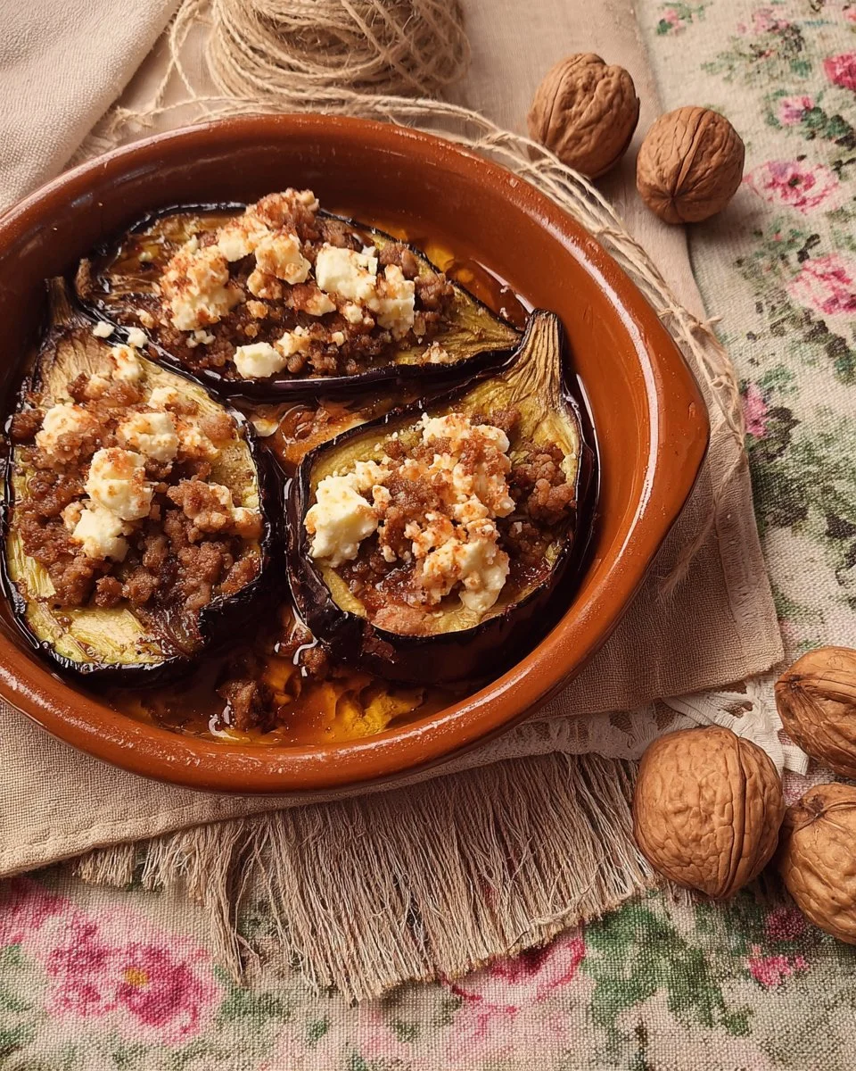 Melitsanes papoutsakia - Aubergines farcies à la viande sur assiette