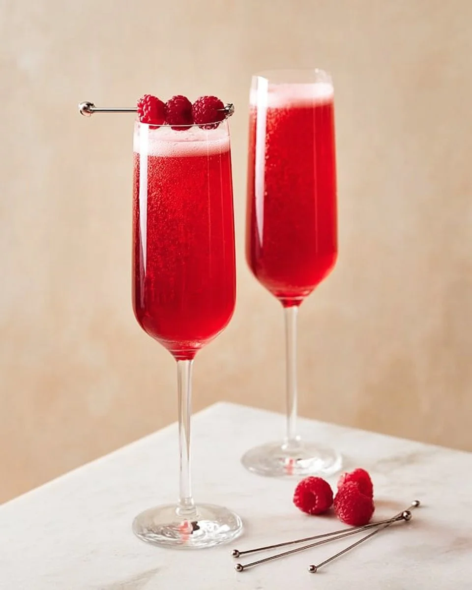Mimosa à la framboise et à la rose dans un verre décoratif