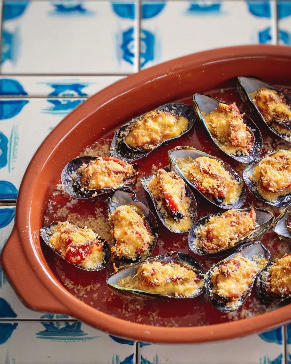 Moules gratinées farcies au sofregit, sauce aïoli