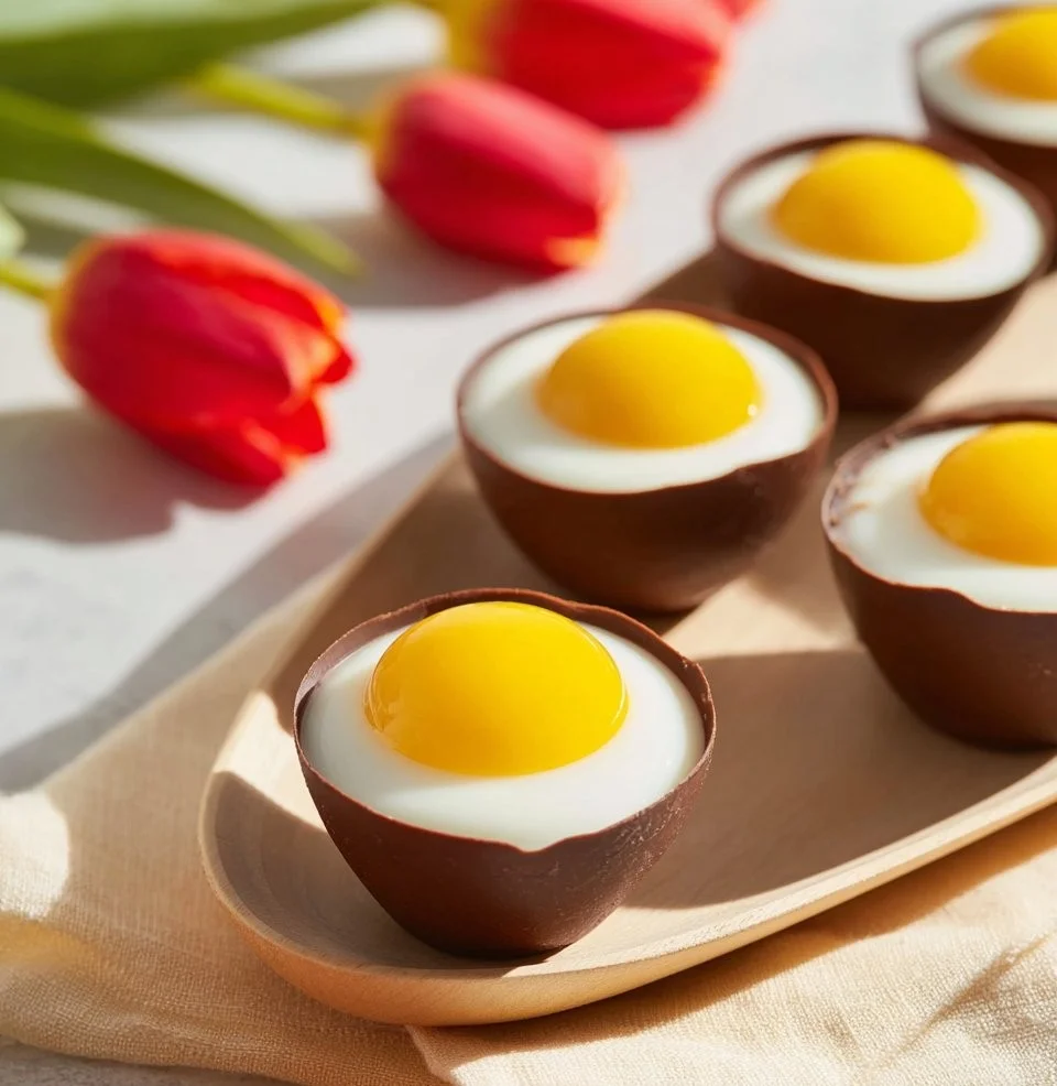 Panna Cotta de Pâques décorée avec des fruits frais et des œufs en chocolat