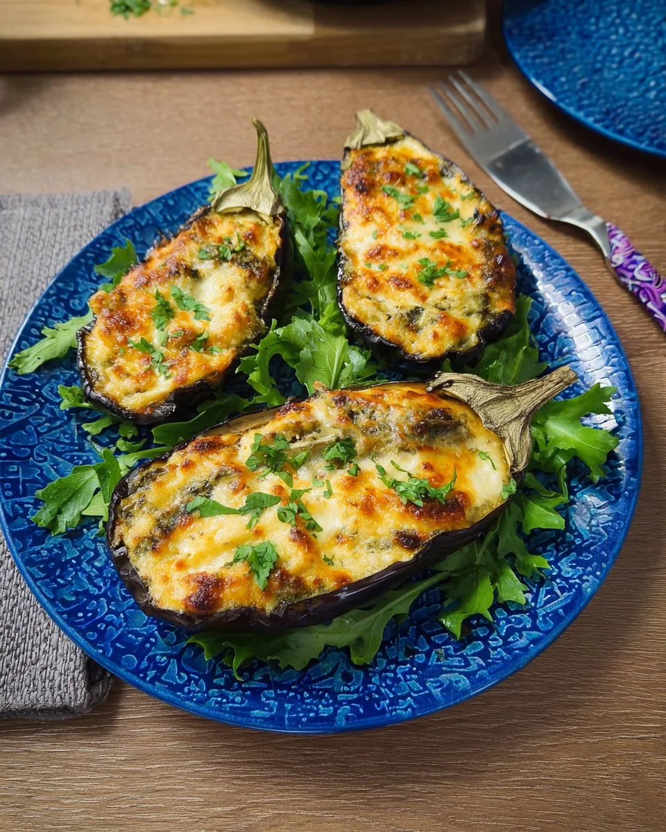 Papoutsakia - Aubergines farcies grecques prêtes à être servies.