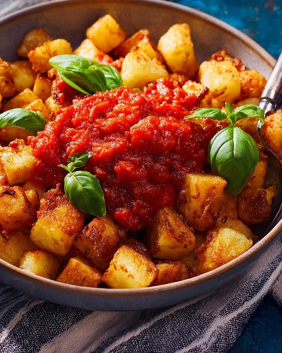 Patatas bravas croustillantes préparées à la friteuse à air sur une assiette