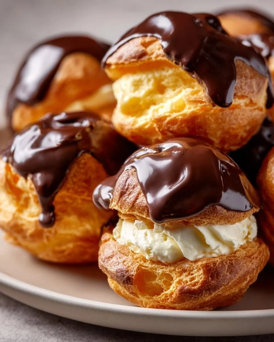 Profiteroles au chocolat garnies de crème pâtissière sur une assiette élégante