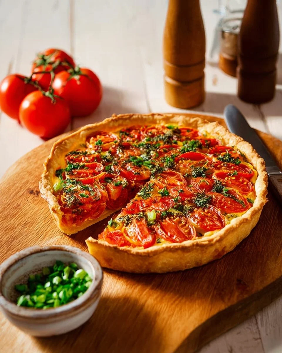 Quiche au Thon et Tomate sur une assiette, garnie de légumes frais