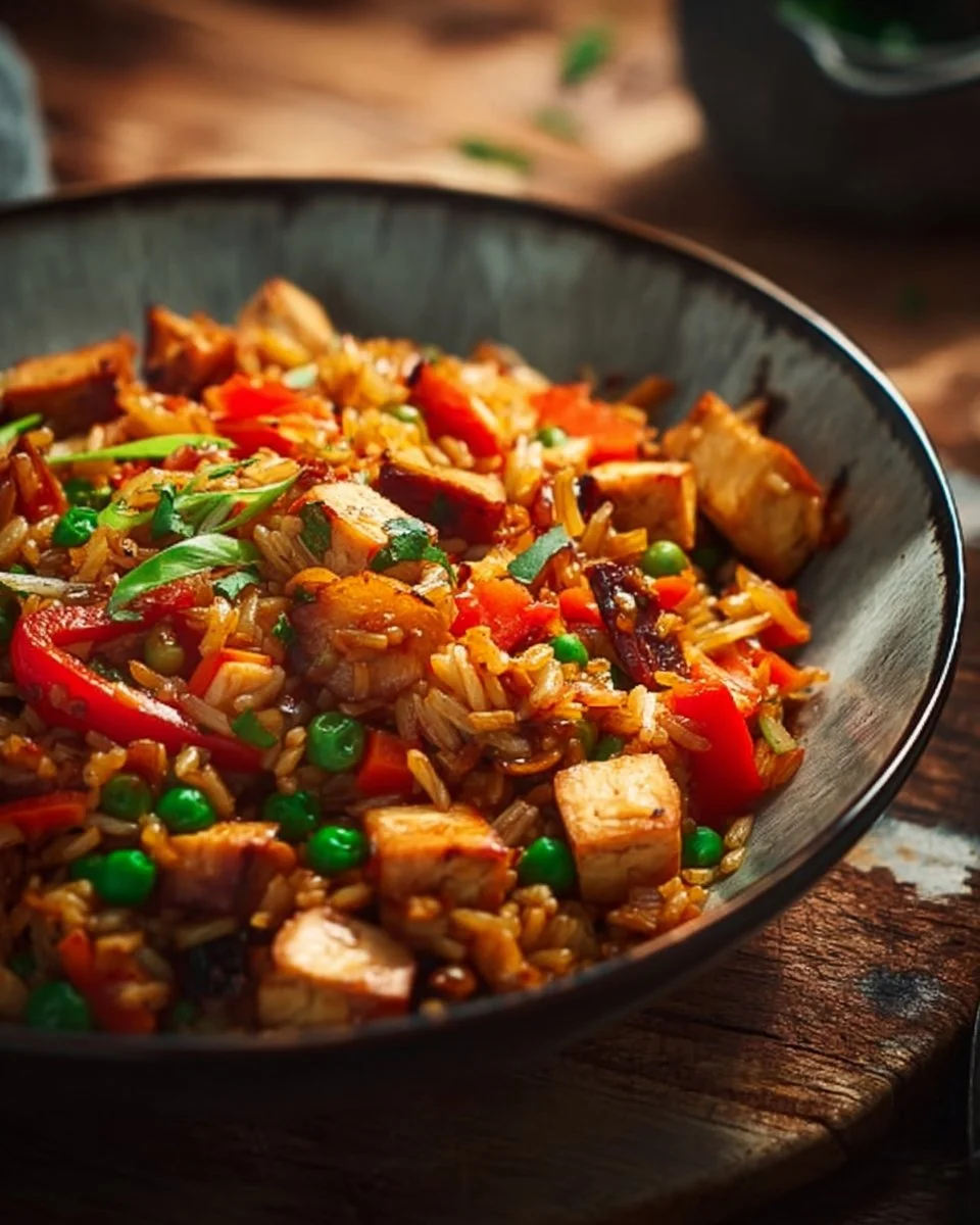 Riz sauté aux légumes et tofu dans une assiette colorée