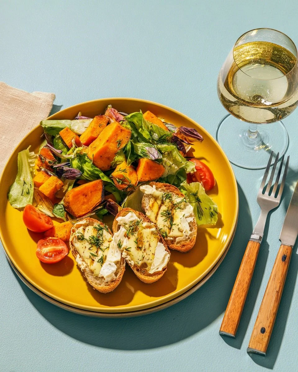 Salad of avocado and goat cheese toast with honey, sweet potato, and roasted tomatoes