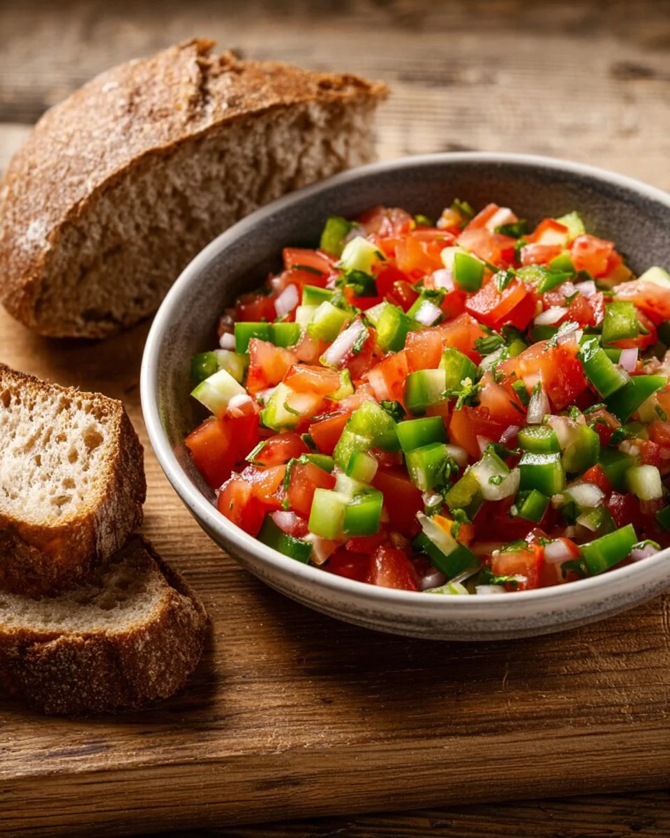 Salade andalouse servie avec pains plats de sarrasin sur une table