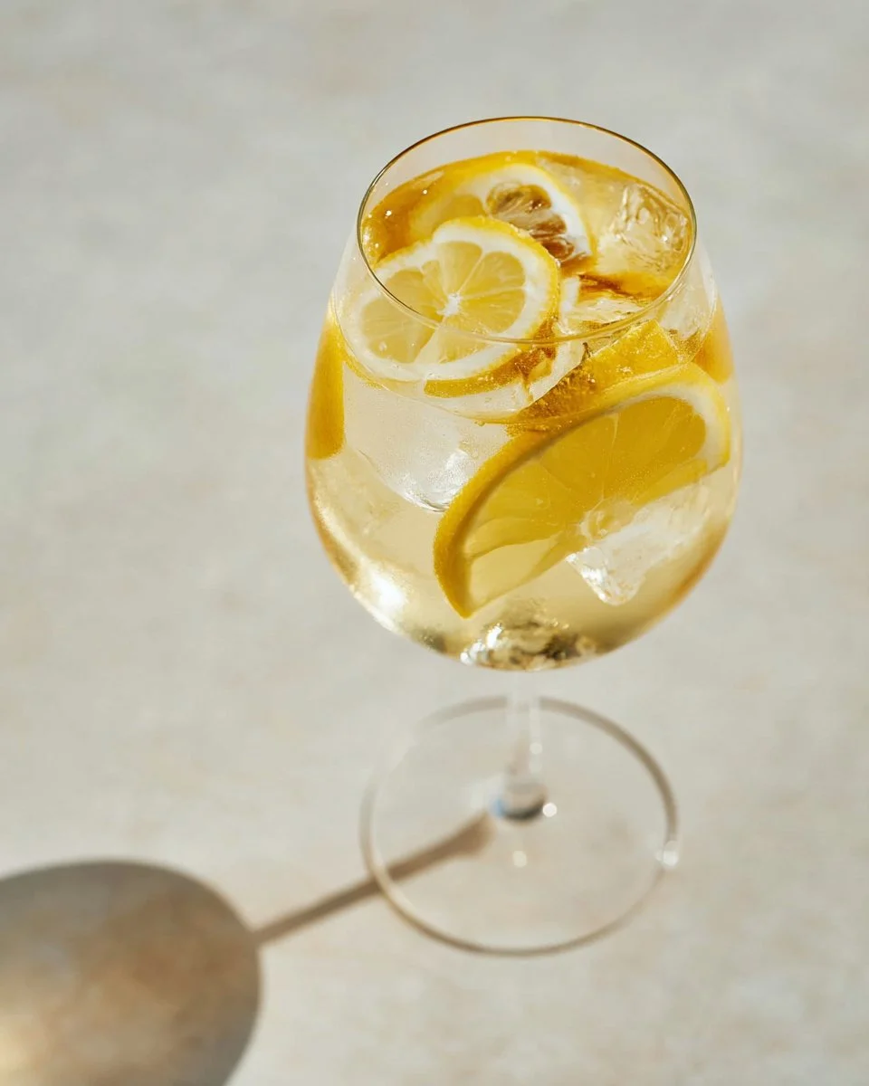 Recette de Sangria à la fleur de sureau dans un verre élégant.