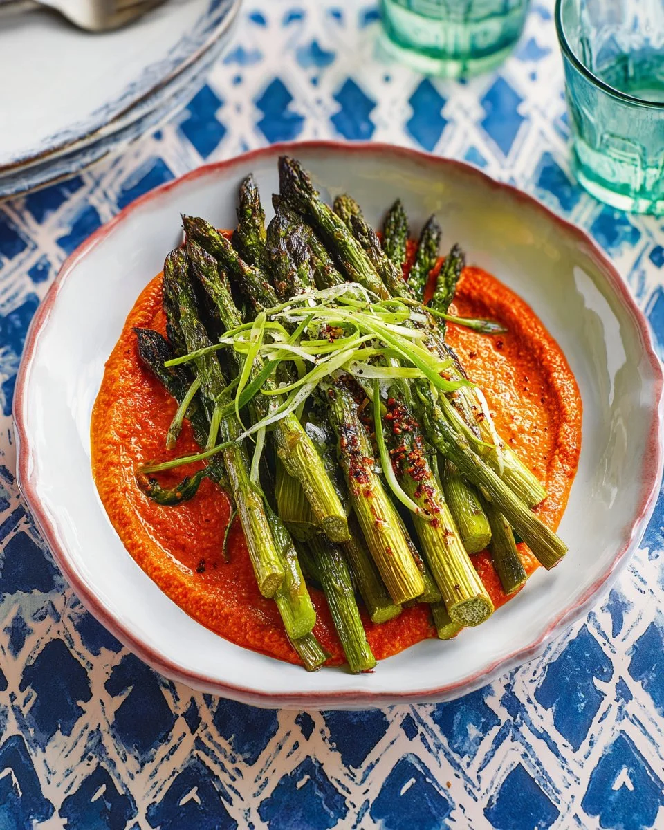 Sauce romesco servie avec des asperges grillées dans une assiette élégante.