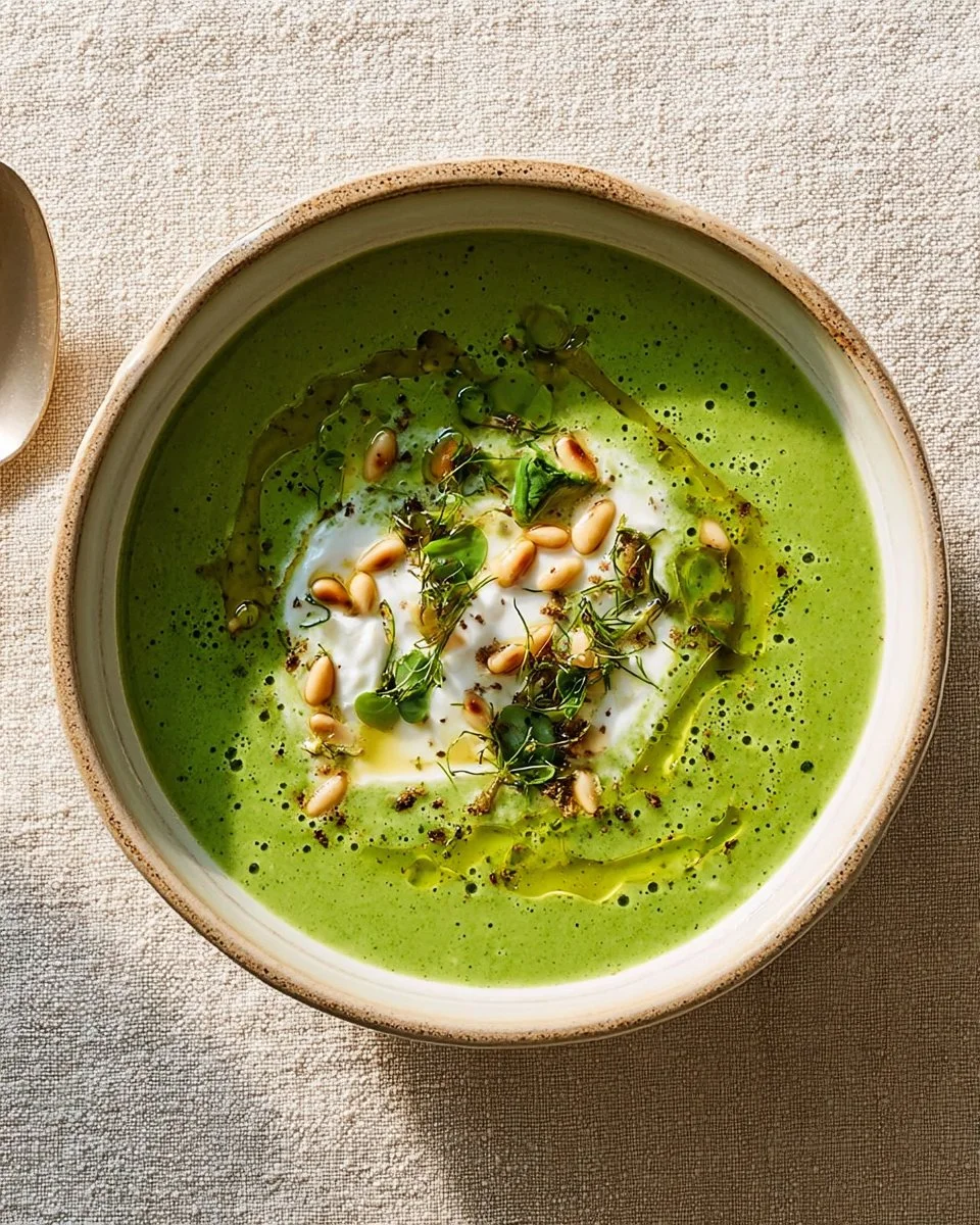 Soupe de brocolis, pois cassés et ricotta garnie de menthe fraîche