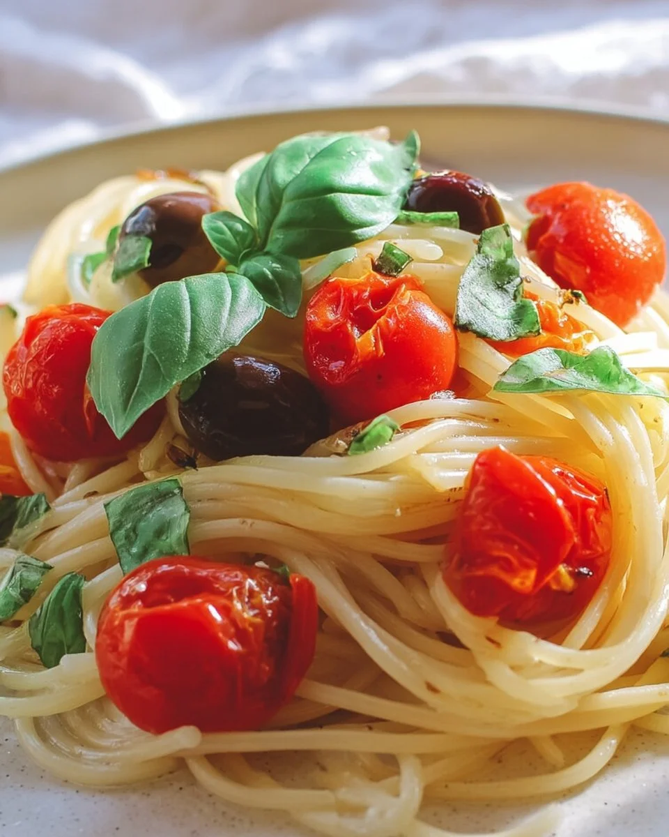 Platel d spaghettini garnis de mini-tomates fraîches et savoureuses.