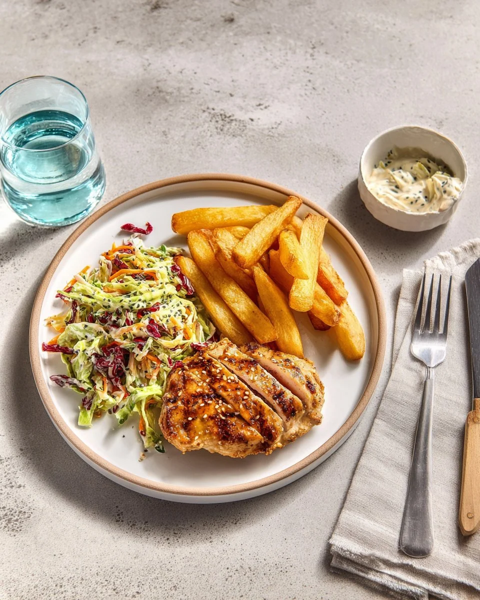 Steak de boeuf doré avec salade de betteraves, frites et sauce à l'aneth