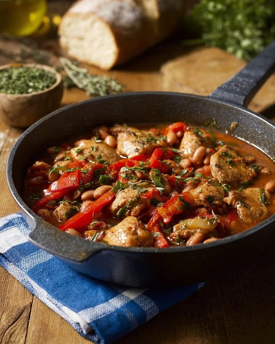 Stouffade de poulet aux agrumes et poivrons dans un plat coloré