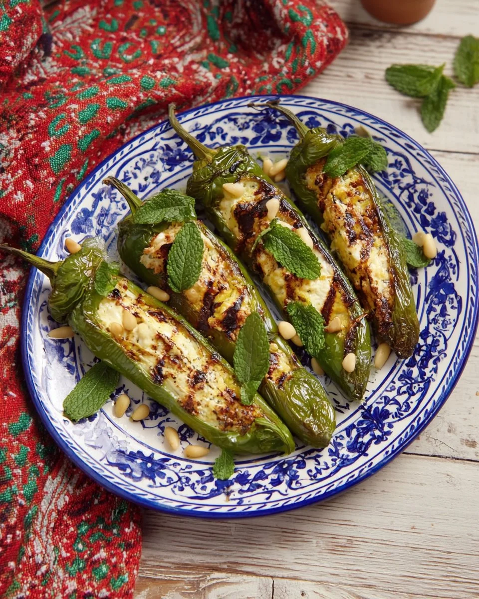 Poivrons farcis avec feta, prêt à déguster dans un plat coloré et appétissant.